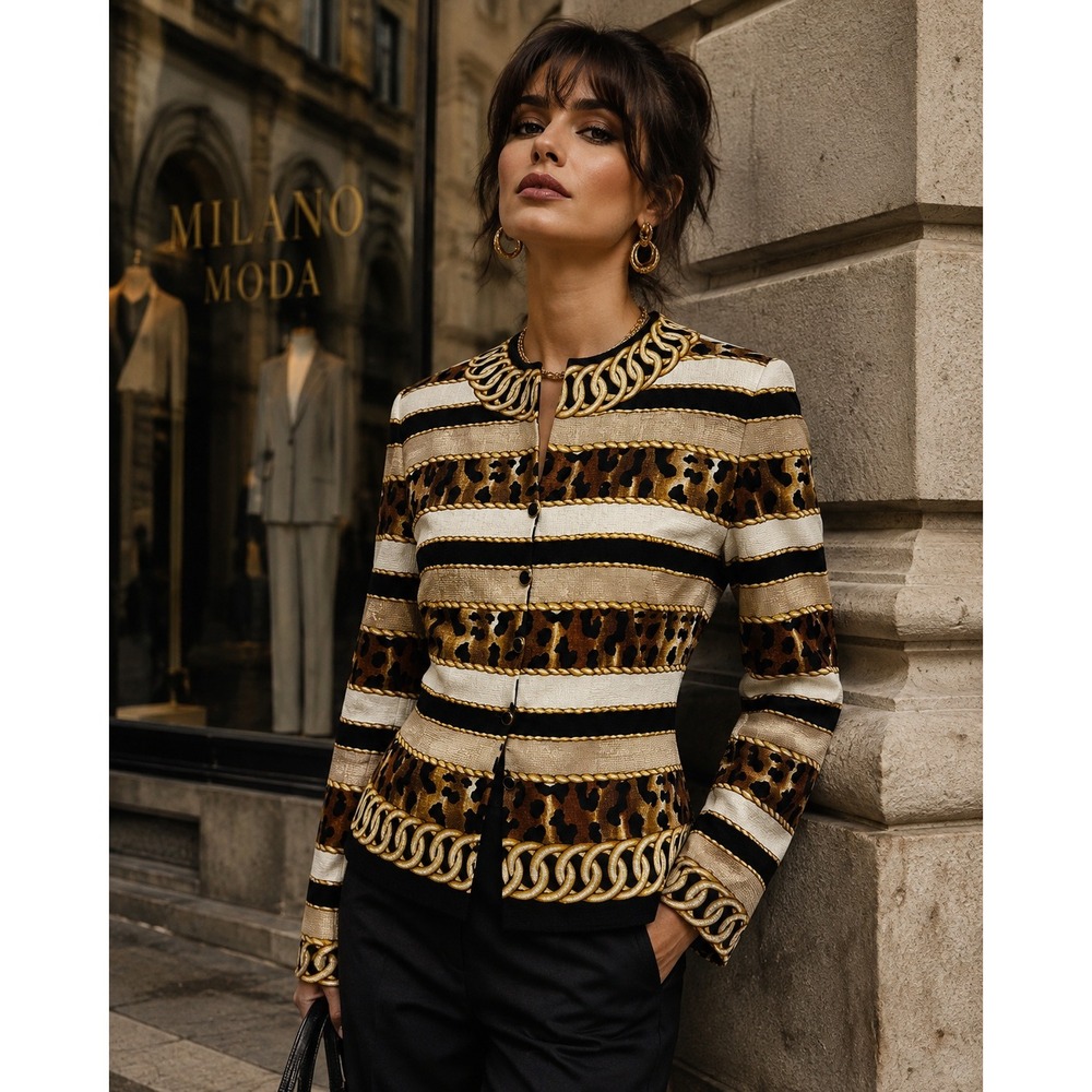 Adrianna Papell 80s Silk‎ Leopard Chain Stripe Blazer Gold Black Tailored Jacket